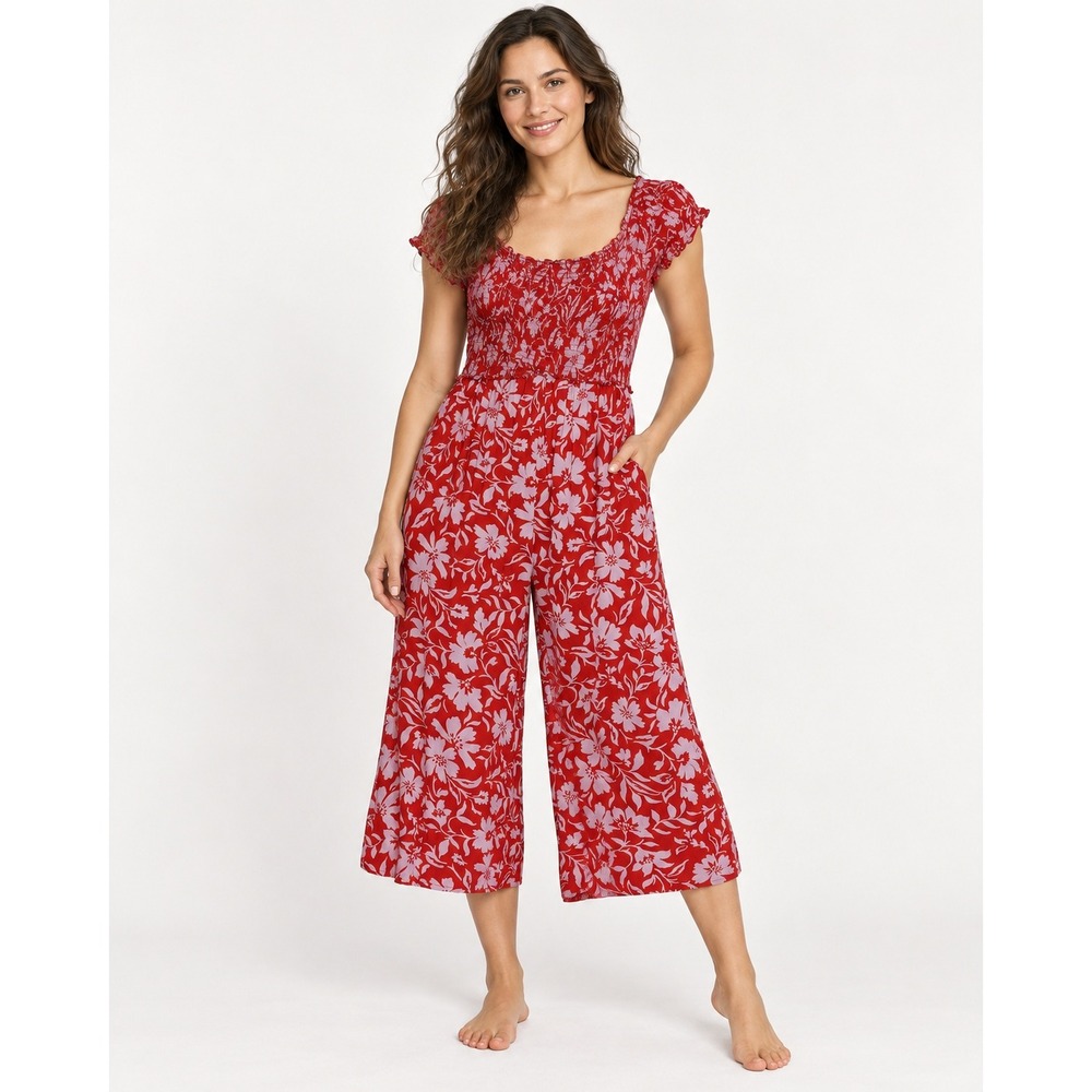 Floral Smocked Wide Leg Jumpsuit Romper Red White Boho Size Large
